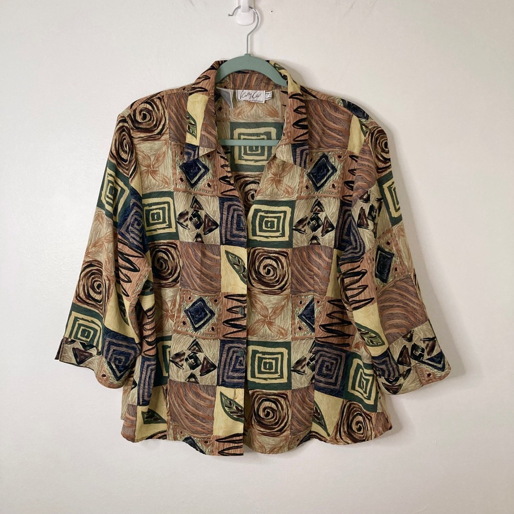 Vintage 90s Abstract Geometric Print Button Front Blouse Kathy Che Boho Retro 18